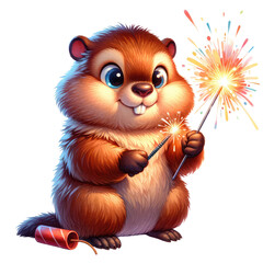 Watercolor Groundhog, Fireworks Celebration - Cheerful Holiday Clipart Artwork. Festive Groundhog Day Clipart - Vibrant Illustration. Cheerful Groundhog with Fireworks - Colorful Celebration Art