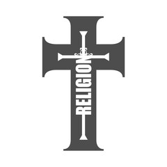 Religion word in the shape of a cross. Christian, religious and church typography concept. Design with christian icon religion.