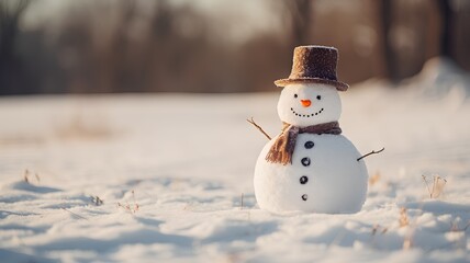 Cute snowman in winter scene