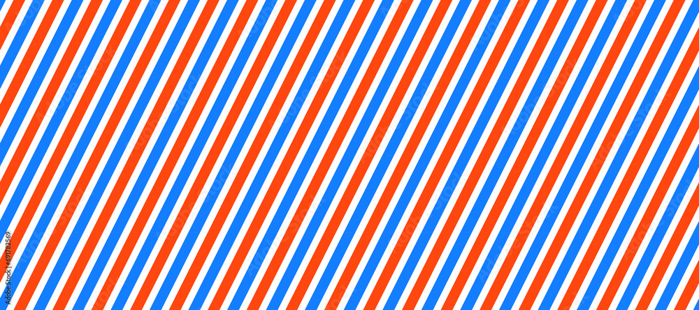 Poster Barber shop pole background. Abstract diagonal line seamless pattern. Striped repeating wallpaper. Red, white and blue repeating texture. Wrapping paper backdrop. Vector decoration