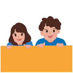 Portrait of kids boy and girl peeking over the wall cartoon illustration