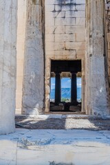 Columns and entrance doorway into the Temple of Hephaistos in Athens, Greece.