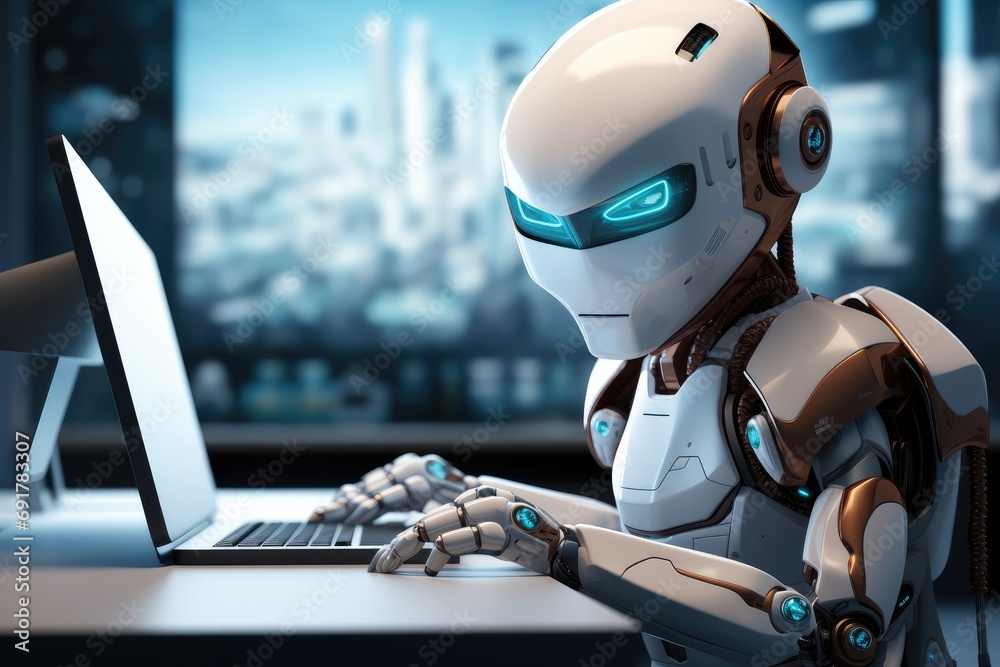 Aufkleber A white robot assistant mascot working in front of computer screen. Generative AI.