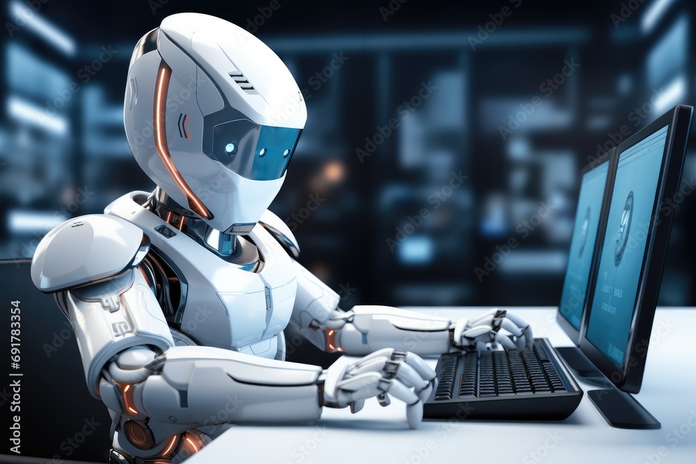 Aufkleber A white robot assistant mascot working in front of computer screen. Generative AI.