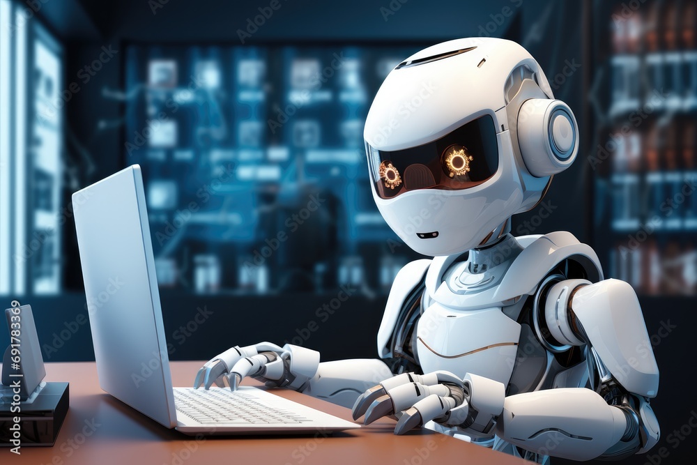 Poster A white robot assistant mascot working in front of computer screen. Generative AI.