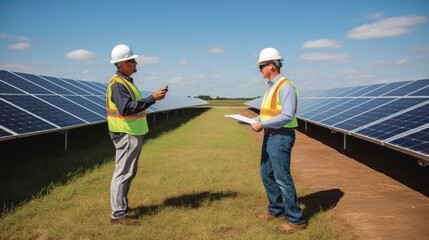 Professional technicians engineer in distance discussing between long rows of photovoltaic panels, solar panel cells