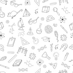 Seamless vector monochrome pattern with doodles science and education. Outline sketches on white background. Brain, microscope, test tubes and virus line illustrations