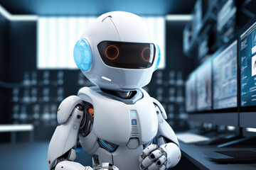 A white robot assistant mascot working in front of computer screen. Generative AI.
