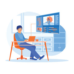 Filmmakers edit video footage using software on a computer. Content creators work on multimedia montages with applications, audio, post-production films, and video Editor concepts.