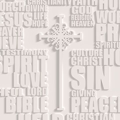 Christianity concept illustration. Cross with relative words cloud. 3D render