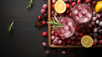 Christmas cocktail with cranberries and rosemary, Top view with copy space. Generative AI.