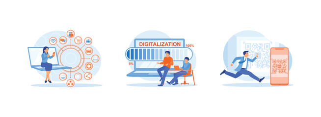 Digital Business concept. Businesswoman working in the office. Digital world concept with the word digitalization. Scan QR code is used for online payment. Set Trend Modern vector flat illustration