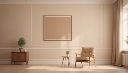 Fototapeta na wymiar Mock-up-frame-in-home-interior-background,-empty-beige-room-with-chair-and-frame,-3d-render