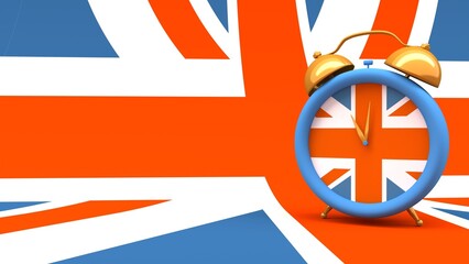 Obraz premium Politic concept. Alarm clock with national flag of United Kingdom on clock face and background. 3D render