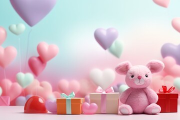 Valentine's Day blank space with cute bear gift boxes, roses, red heart, background generative ai.