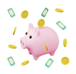 Piggy bank and money, volume render 3d vector illustration isolated on white