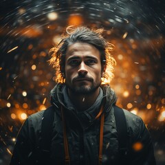 portrait of man posing with universe projection texture
