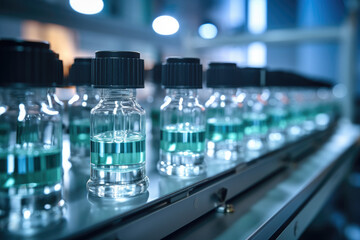 Medical vials on production line at pharmaceutical factory, Pharmaceutical machine, Pharmaceutical glass bottles production line. Generative AI.