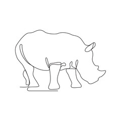 One continuous line drawing of A rhino is foraging in the vast savannah vector illustration. Animal activity design illustration simple linear style vector concept. Animal wildlife design illustration