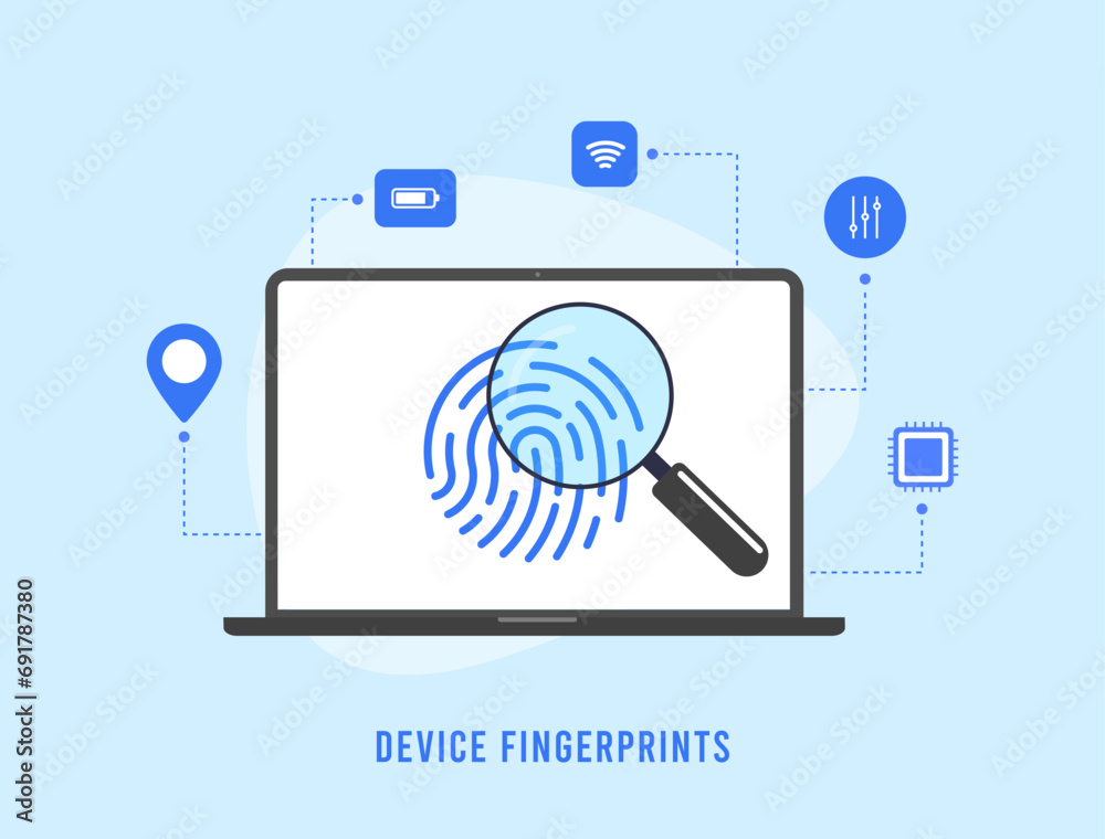 Poster device fingerprints concept. web browser fingerprinting data for remote device identification assimi