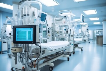 Equipment in hospital, Equipment and medical devices in modern operating room. Generative AI.