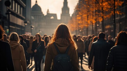 A crowd of people walking down a busy city street. Generative AI. - obrazy, fototapety, plakaty