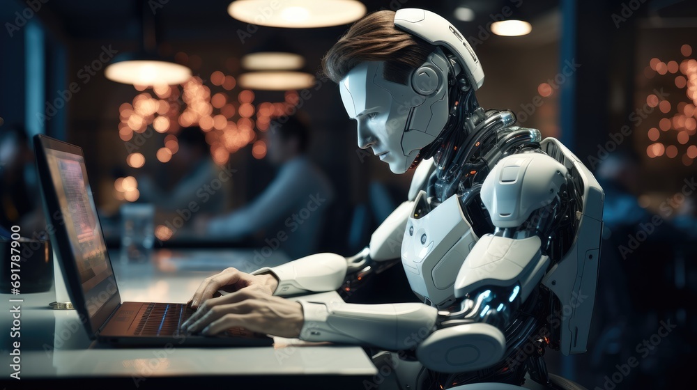 Leinwandbilder AI cyborg android robot working with laptop in office and teaching human people working with laptop. Generative AI.