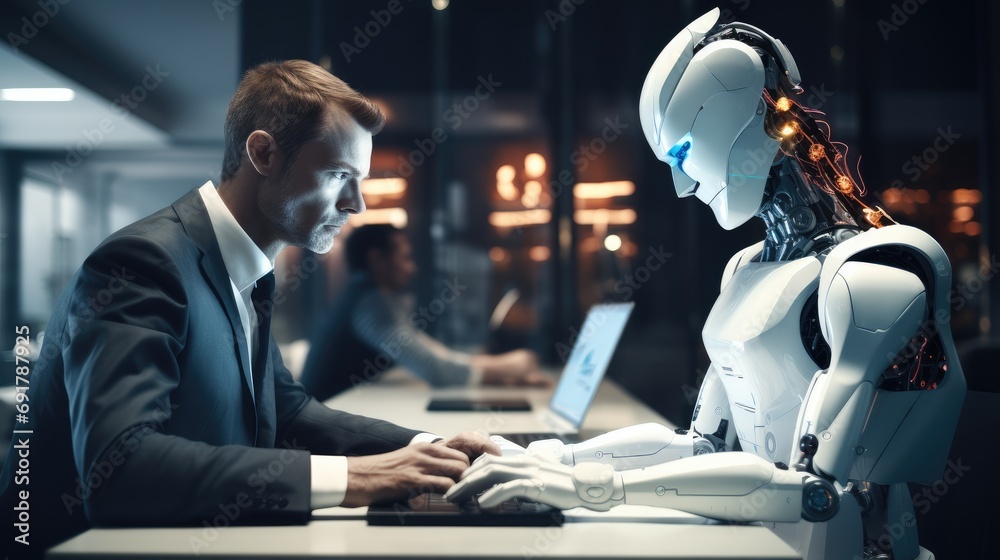 Poster AI cyborg android robot working with laptop in office and teaching human people working with laptop. Generative AI.
