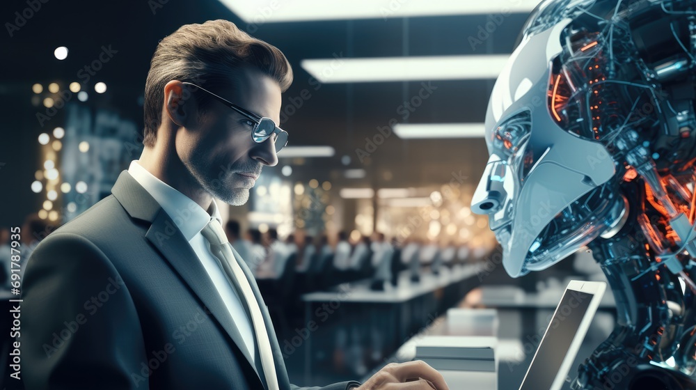 Poster AI cyborg android robot working with laptop in office and teaching human people working with laptop. Generative AI.