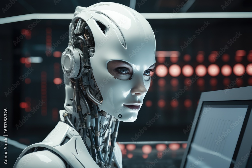 Aufkleber Artificial intelligence reaches out from the monitor and takes control. Generative AI.