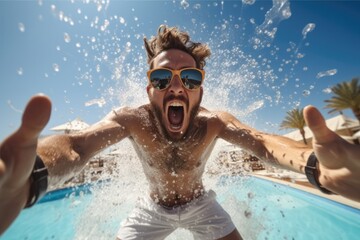 Joyful man jumps into the pool. Generative AI.