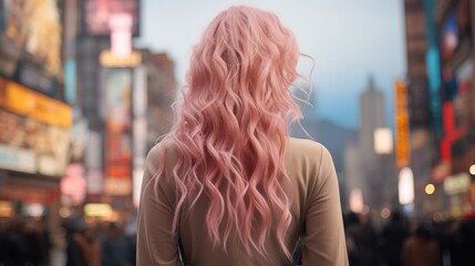 Fototapeta na wymiar Rear view, A beautiful girl with pink hair is standing in the Tokyo city, long hair. Generative AI.