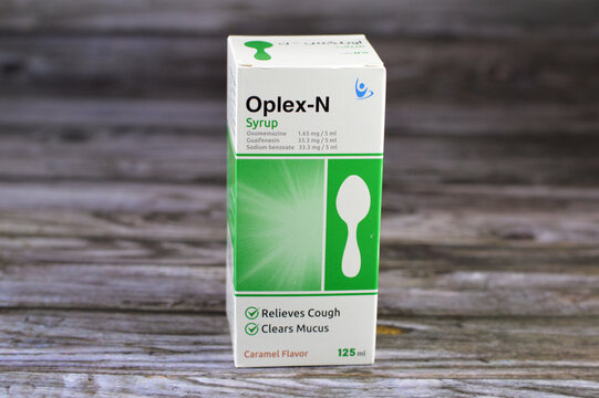 Cairo, Egypt, December 3 2023: Oplex-N Anti-cough, antitussive and expectorant Syrup, Paracetamol (Acetaminophen), Guaifenesin (Glyceryl Guaiacolate), Oxomemazine, Sodium Benzoate by AMRIYA company