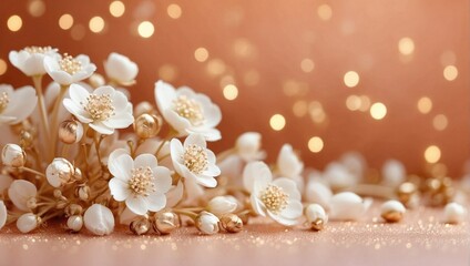 Small white flowers fall around the stand on peach color background with gold and silver sparkling and bokeh light. backdrop, banner, postcard, invitation, celebration. with copy space