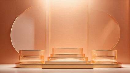 Three glass Podium against a peach gold color wall with luxury backlighting. Trendy luxury background for presentation.