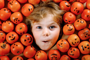 Funny portrait of adorable toddler girl with orange tangerine looking as small jack-o-lantern...