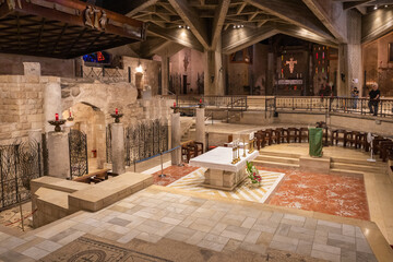 The central part of the main hall of the Church of the Annunciation in the Nazareth city in...