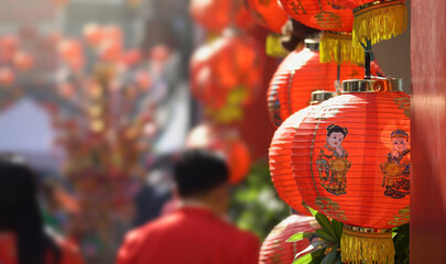 Naklejka premium Chinese new year lantern and decor lighting in chinatown area.