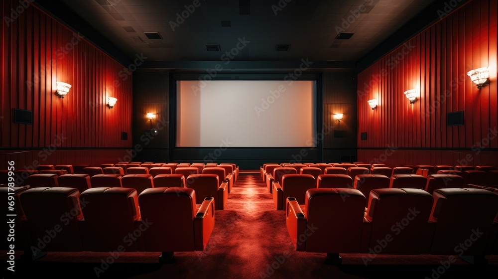 Poster empty cinema in red color with white blank screen, empty cinema. mockup. generative ai.