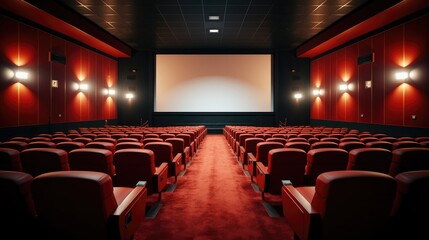 Fototapeta premium Empty cinema in red color with white blank screen, Empty cinema. Mockup. Generative AI.