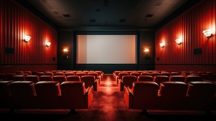 Empty cinema in red color with white blank screen, Empty cinema. Mockup. Generative AI. - obrazy, fototapety, plakaty