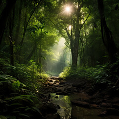 Sunlight filtering through the dense canopy of a lush green fores