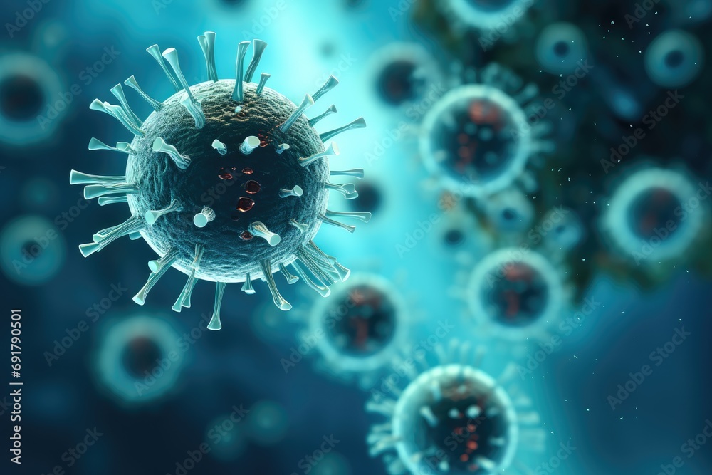 Poster Viruses and bacteria are floating through air. Generative AI.