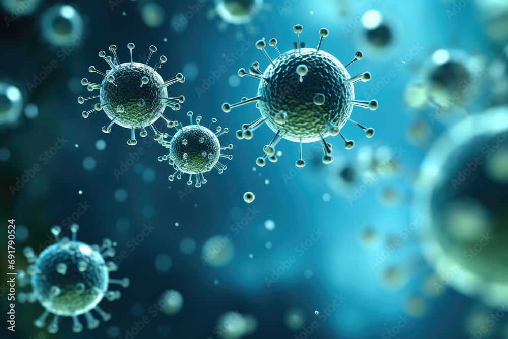 Poster Viruses and bacteria are floating through air. Generative AI.