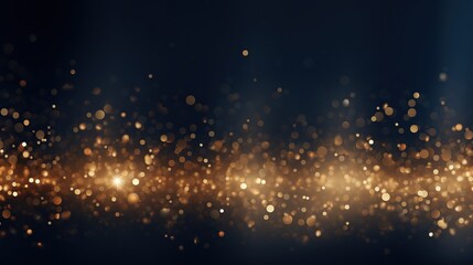 Abstract golden shine particles or gold foil texture with bokeh effect on a dark blue background. Generative AI