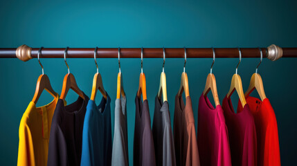 Colorful clothes hanging on a wooden hanger. Clipping Path included.