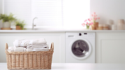 Basket with clean towels on table in kitchen. Space for text