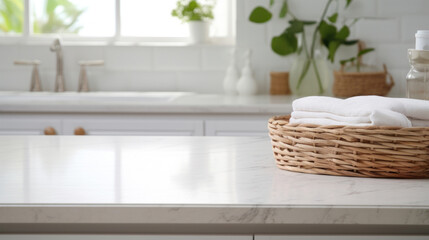 Wicker basket with fresh towels countertop in modern bathroom interior
