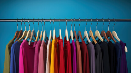 Colorful clothes hanging on a hanger against blue vignette