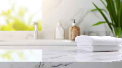 Fototapeta na wymiar White towels countertop in bathroom interior, closeup. Space for text